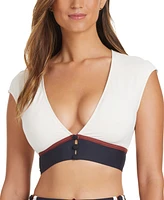 Bleu by Rod Beattie Women's Button Down Cap-Sleeve Cropped Bikini Top