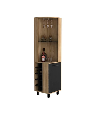 Depot E-Shop Morocco Corner Bar Single Door Cabinet Two Shelves, Ten Built-in Wine Rack, Two Interior Shelves, Natural Oak/Black