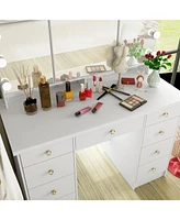 Homsee White Modern Makeup Vanity Desk 9 Drawers Wood Dressing Table With 3 Mirrors, Hidden Storage Shelves, Led Bulb Lights