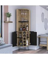 Depot E-Shop Bursan Corner Cabinet Six Built-in Wine Rack, Two Shelves, Four Shelves, Macadamia / Black