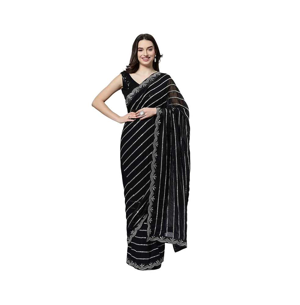 One Minute Saree Petite Briony Black & Silver Mirror Work Georgette Ready to Wear Sari