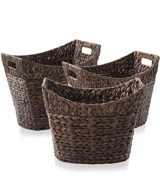 Casafield Set of 3 Oval Baskets with Handles - Espresso, Water Hyacinth Woven Storage Totes for Blankets, Laundry, Bathroom, Bedroom, Living Room