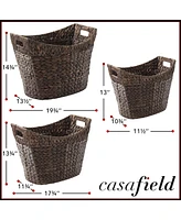 Casafield Set of 3 Oval Baskets with Handles - Espresso, Water Hyacinth Woven Storage Totes for Blankets, Laundry, Bathroom, Bedroom, Living Room