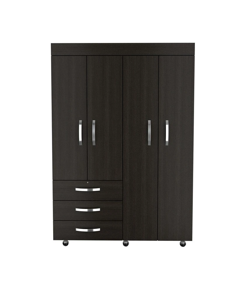 Depot E-Shop Hamilton Mobile Armoire, Double Door Cabinet, Three Drawers, Rods, Two Shelves, Black