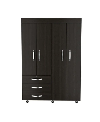 Hamilton Mobile Armoire, Double Door Cabinet, Three Drawers, Rods, Two Shelves, Black