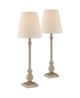 Regency Hill Loreno Traditional Country Cottage Buffet Table Lamps 24" Tall Skinny Set of 2 Antique Whitewashed Oatmeal Faux Linen Tapered Cone Shade