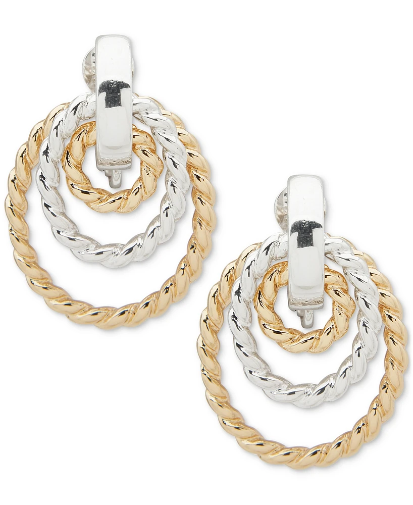 Anne Klein Two-Tone Concentric Rope-Look Circle Drop Clip On Earrings