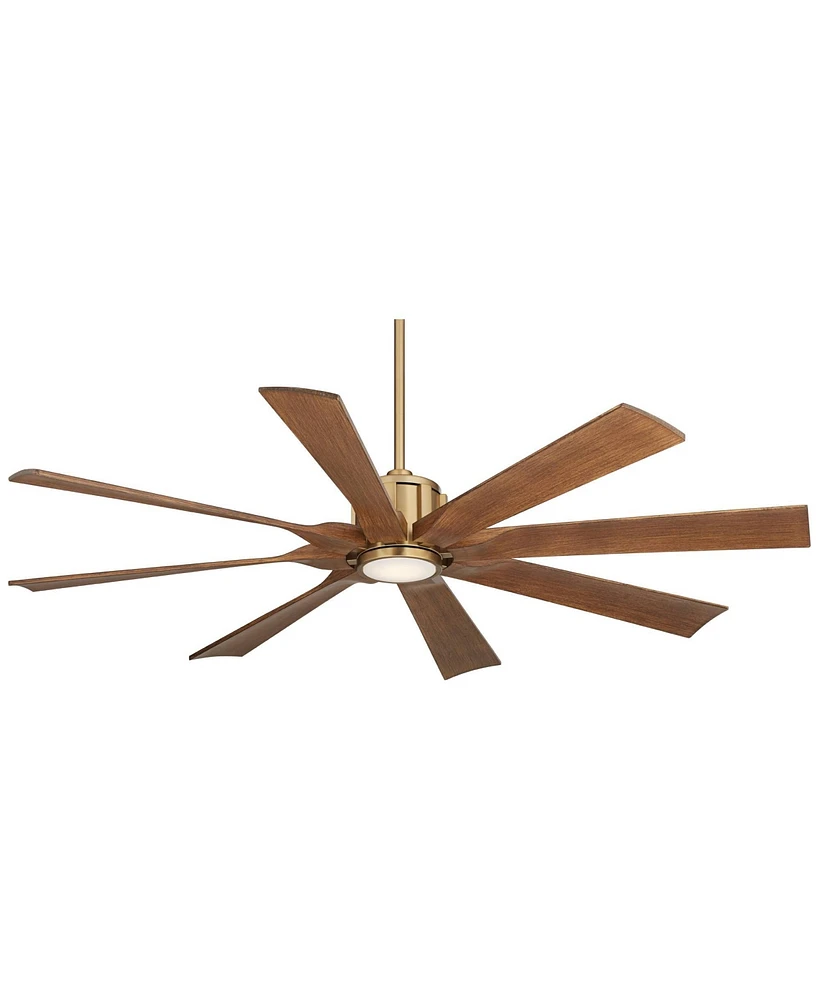 Possini Euro Design 60" Defender Modern Indoor Outdoor Ceiling Fan 8 Blade Led Light Remote Control Soft Brass Finish Motor Brown Koa Finish Blades Be