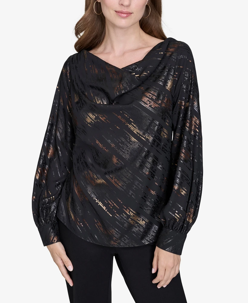 Halston Women's Printed Cowlneck Draped Blouse