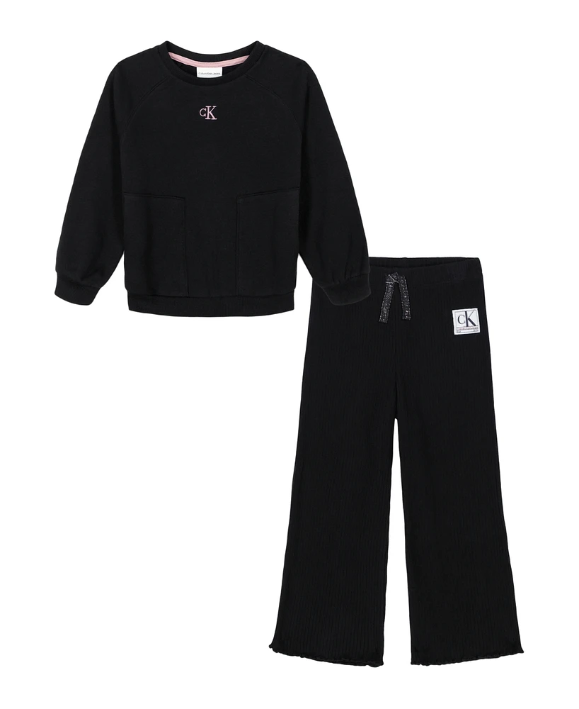 Calvin Klein Toddler and Little Girls Fleece Logo Pullover Brushed Rib-Knit Pants, 2-Piece Set