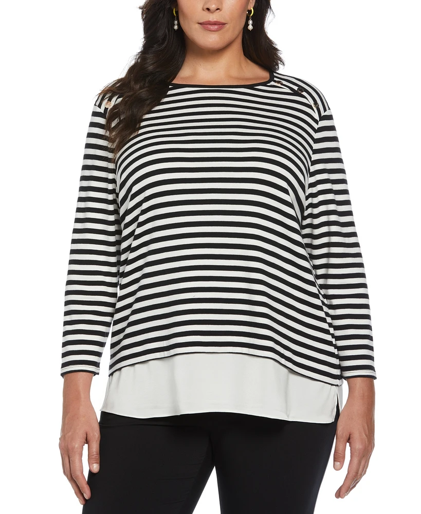 Rafaella Plus Stripe Rivet Detail Layered 3/4 Sleeve Top