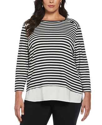 Rafaella Plus Size Stripe Rivet Detail Layered 3/4 Sleeve Top