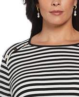 Rafaella Plus Stripe Rivet Detail Layered 3/4 Sleeve Top