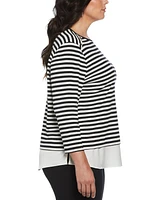 Rafaella Plus Stripe Rivet Detail Layered 3/4 Sleeve Top