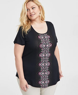 Jm Collection Plus Printed Short Sleeve Top, Exclusively at Macy's