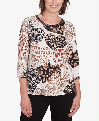 Alfred Dunner Women's Romancing the Stone Animal Print Hearts Top