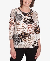 Alfred Dunner Women's Romancing the Stone Animal Print Hearts Top