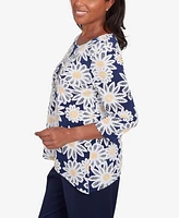 Alfred Dunner Women's Block Island Daisy Puff Print Top with Necklace