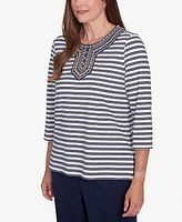 Alfred Dunner Women's Block Island Striped Top with Embroidered Neckline