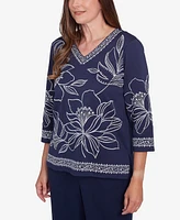 Alfred Dunner Women's Block Island Dynamic Floral Embroidered V Neck Top