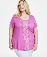 Jm Collection Plus Printed Short Sleeve Top, Exclusively at Macy's