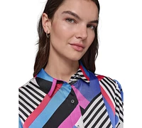 Karl Lagerfeld Paris Petite Geo-Print Bungee-Cuff Blouse