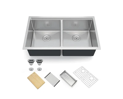 gaomon Kitchen Sink, 33 Inch Brushed Nickel Undermount Kitchen Bar Sink with Single-tier Track, Stainless Steel 16 Guage Double Bowl Kitchen Sinks, Fa