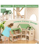 Hongge Wooden Corner Dollhouse Playset with 6 Rooms and 36 Pieces for Kids 3+ Years Old-Green