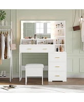 gaomon Vanity Desk with Mirror and Lights, Makeup Vanity with 5 Drawer, 3 Level Cabinets & 3 Tiers of Open Shelves