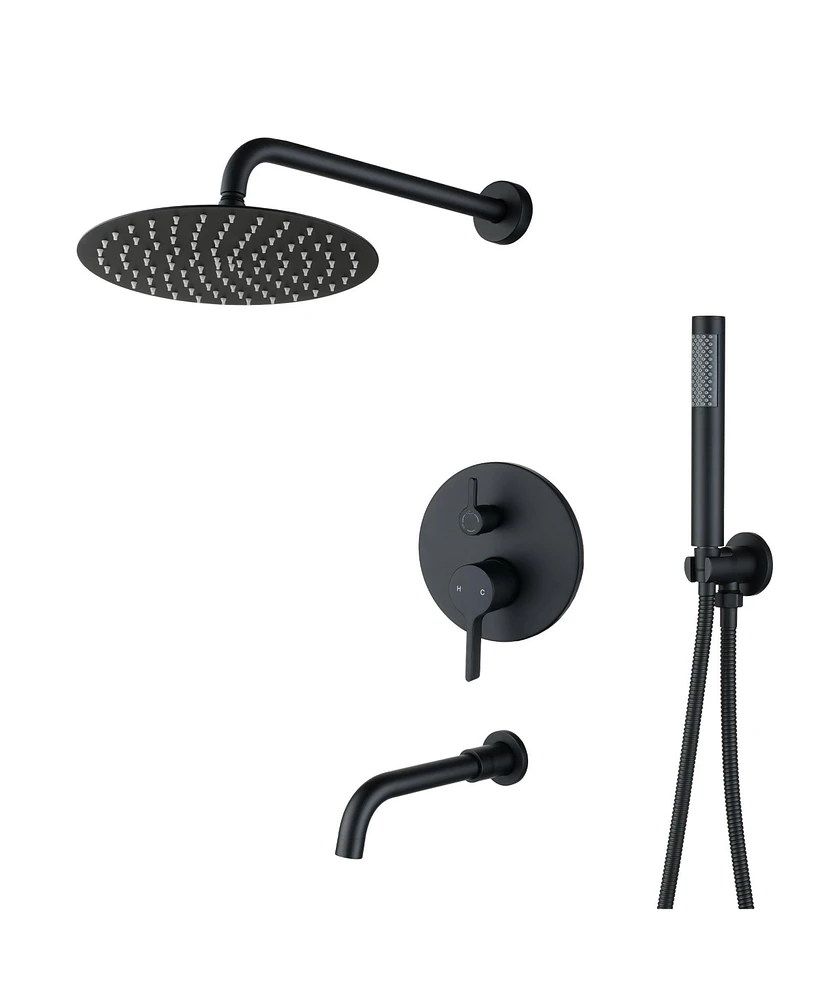 Mondawe Matte Black Three function Pressure Balance Shower Set with 10 in Round Shower Head & Valve