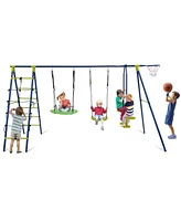 Hongge 550 Lbs 6-in-1 Patio Kids Swing Set with Climbing Net and Ladder