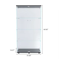 Lighted Two Door Glass Cabinet Glass Display Cabinet with 4 Shelves, Black
