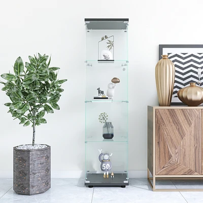 Glass Display Cabinet 4 Shelves with Door, Floor Standing Curio Bookshelf for Living Room Bedroom Office, 64.7" 16.7" 14.3", Black