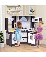 Hongge Wooden Kids Play Kitchen Playset with Realistic Lights and Sounds-Coffee