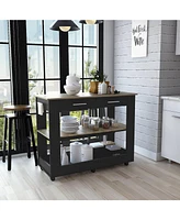 Depot E-Shop Delos Kitchen Island 36" H, Six Casters, Two Drawers, Open Storage Shelves, Towel Hanger