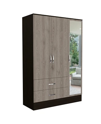 Gangi 120 Mirrored Armoire, Double Door Cabinet, Two Drawers, Metal Hardware, Rods, Four Shelves, Black / Light Gray