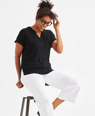 Style & Co Petite Short-Sleeve Knit Camp Shirt, Exclusively at Macy's