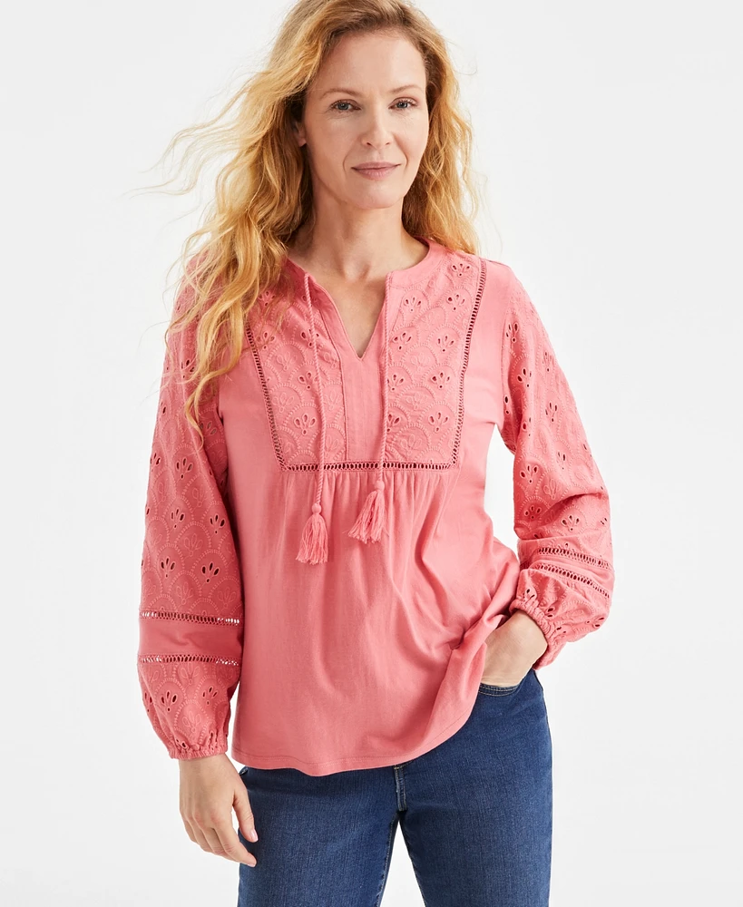 Style & Co Women's Eyelet Embroidered Blouson-Sleeve Blouse, Exclusively at Macy's