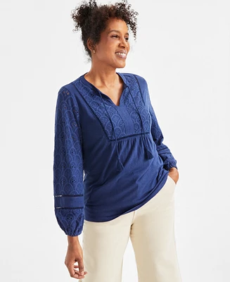 Style & Co Women's Eyelet Embroidered Blouson-Sleeve Blouse, Exclusively at Macy's