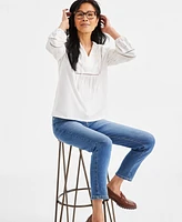 Style & Co Women's Eyelet Embroidered Blouson-Sleeve Blouse, Exclusively at Macy's