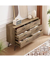 Slickblue 6-Drawer Chest, Rustic Walnut Dresser Tv Stand, Large Storage Tower for Bedroom, Closet & Hallway