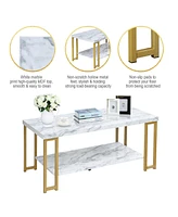 Gymax Modern Coffee Table Faux Marble Top Accent Cocktail Table w/ Gold Metal Frame