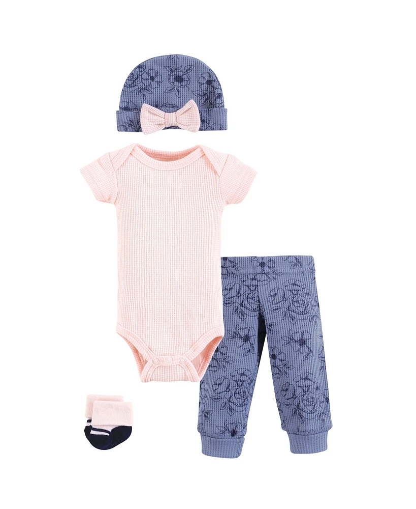 Hudson Baby Baby Girls Thermal Preemie Layette Set 4pc Short Sleeve Outfit, Navy Toile, Preemie