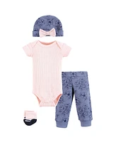 Hudson Baby Baby Girls Thermal Preemie Layette Set 4pc Short Sleeve Outfit, Navy Toile, Preemie