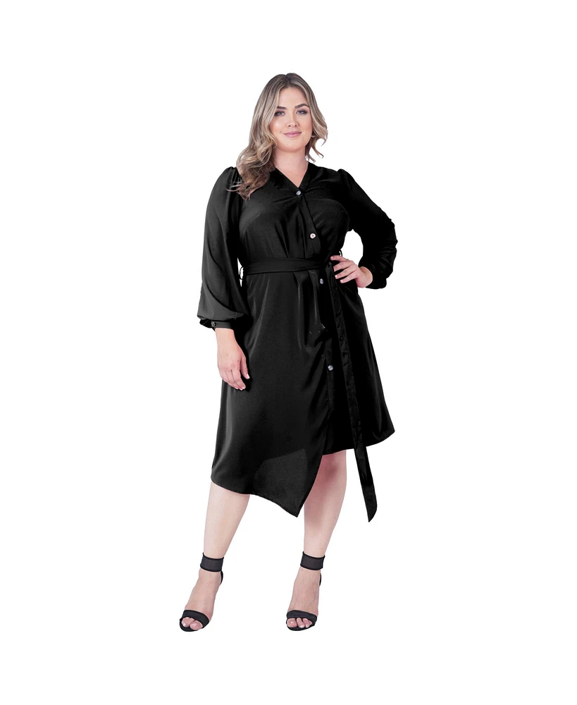 Standards & Practices Plus Asymmetrical Hem Button-Up Wrap Lantern Sleeve Dress