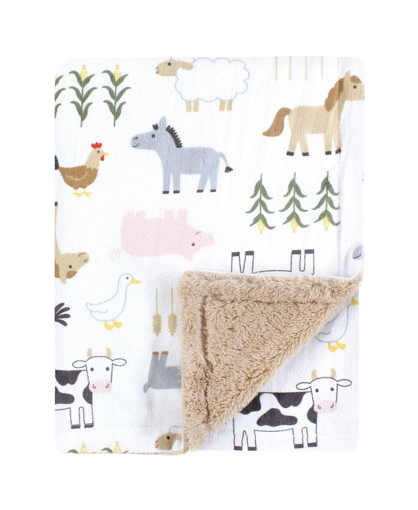 Hudson Baby Boys Plush Blanket with Furry Binding and Back, Cute Farm, One Size