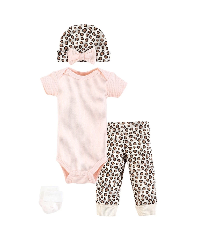 Hudson Baby Baby Girls Thermal Preemie Layette Set 4pc Short Sleeve Outfit, Leopard, Preemie