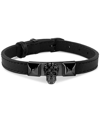 Philipp Plein Men's Enigma Skull Pendant Black Leather Bracelet in Black Ion-Plated Stainless Steel