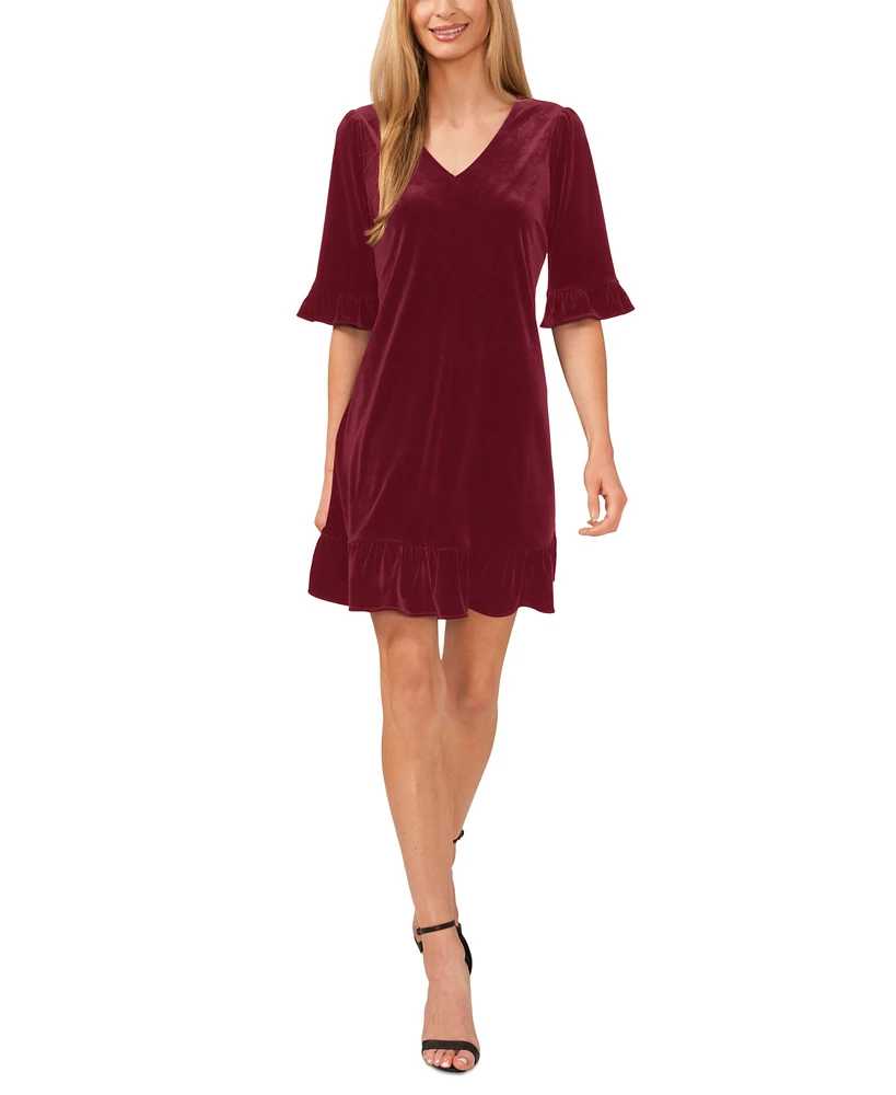 CeCe Women's Velvet 3/4-Sleeve Ruffle Trim Shift Dress