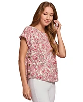 Jones New York Petite Printed Side-Button Cap-Sleeve Top